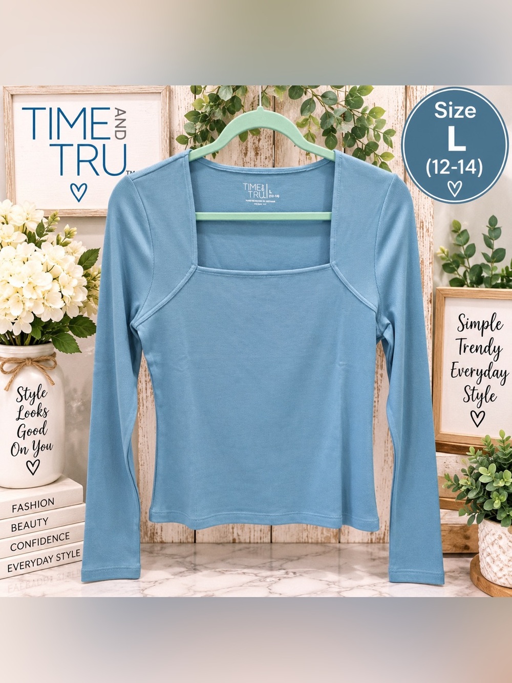 Time and Tru Women’s Square Neck Long Sleeve Top Caspian Blue Size L (12–14) NWT